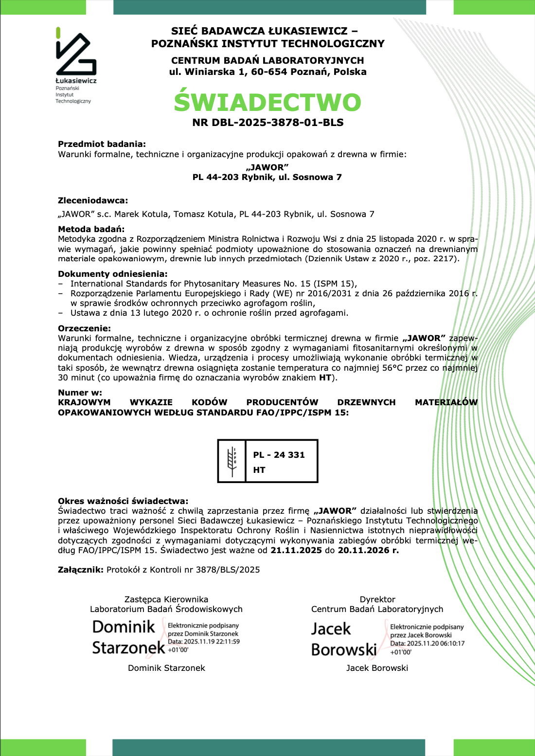 Certyfikat ISPM 15 (wersja polska)